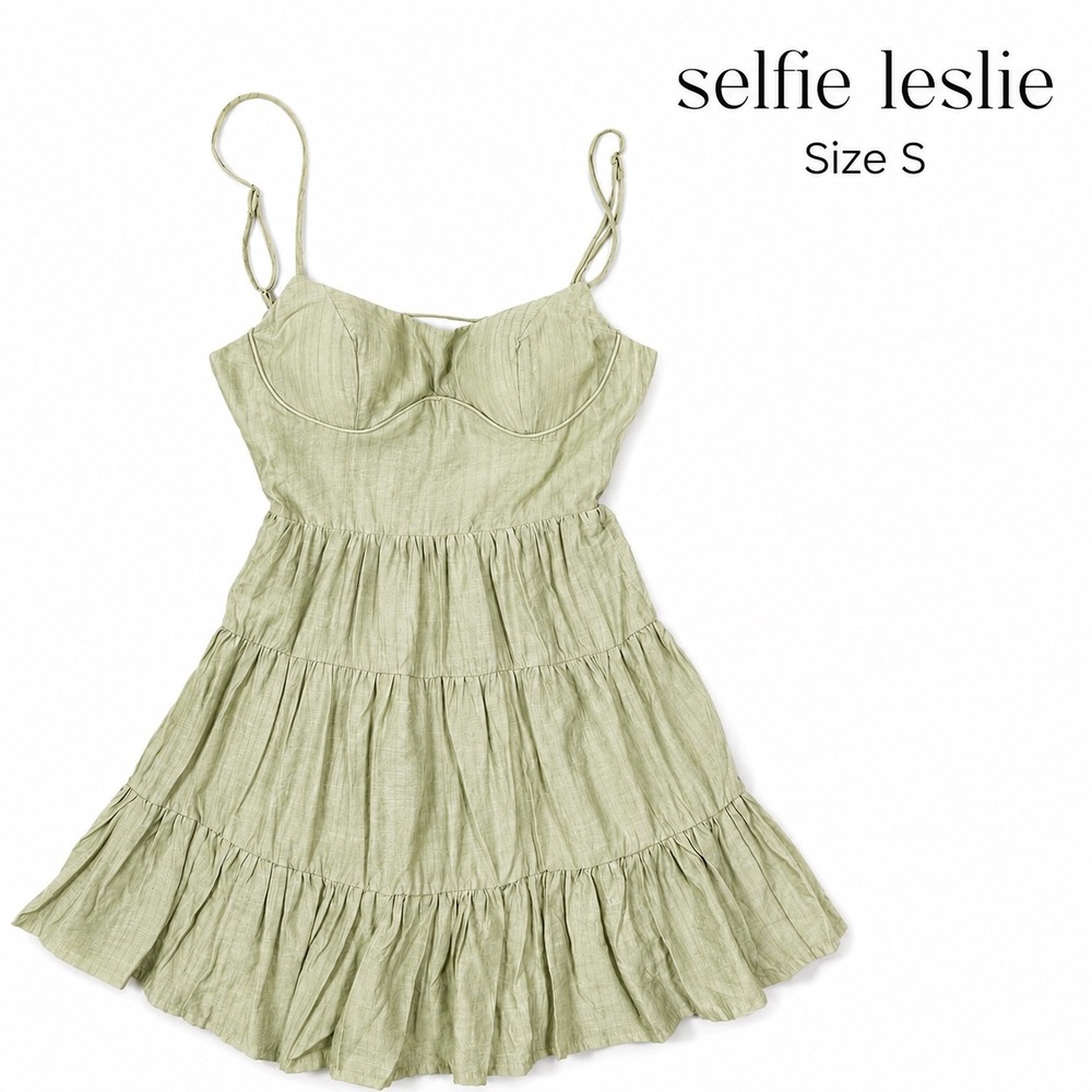 NWT Selfie Leslie 63623J Sage Bustier Tiered Mini Dress Size S Open Back